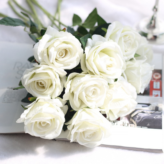 ミルク白色 - ローズブーケシルクフラワーアーティフィシャルフラワー薔薇造花バラ 手作り 全長51cm、1本 の画像