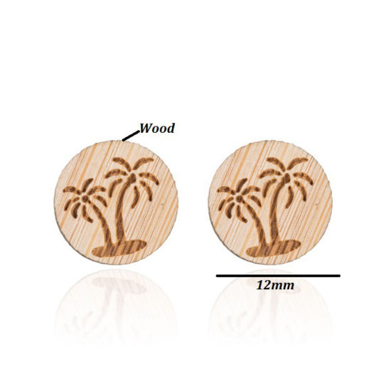 Picture of Stainless Steel Ear Post Stud Earrings Light Brown Round Coconut Palm Tree 12mm Dia., 1 Pair