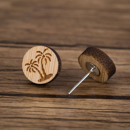 Picture of Stainless Steel Ear Post Stud Earrings Light Brown Round Coconut Palm Tree 12mm Dia., 1 Pair