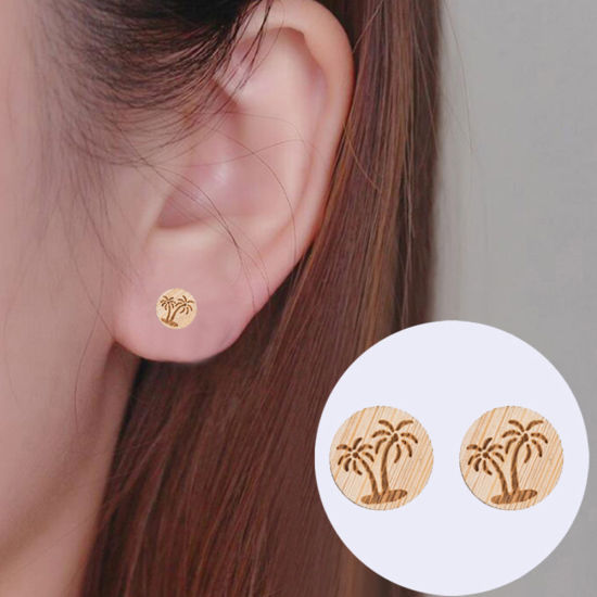 Picture of Stainless Steel Ear Post Stud Earrings Light Brown Round Coconut Palm Tree 12mm Dia., 1 Pair