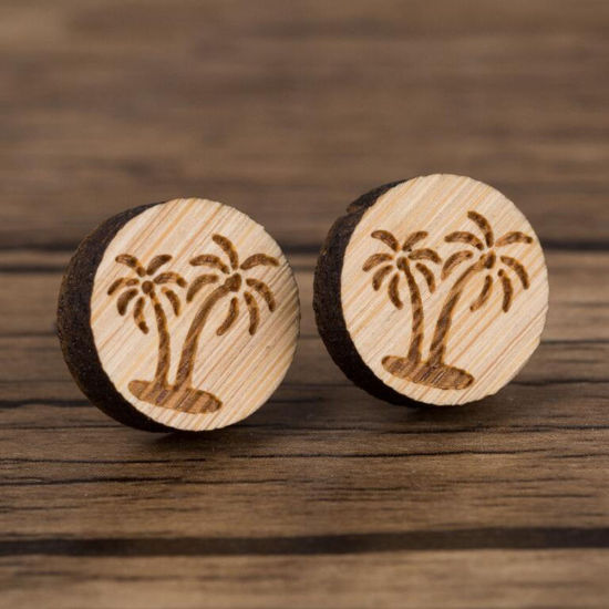 Picture of Stainless Steel Ear Post Stud Earrings Light Brown Round Coconut Palm Tree 12mm Dia., 1 Pair