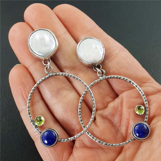 Image de Boucles d'Oreilles Pierres de Naissance Argent Vieilli Olivacé Annulaire août Imitation Péridot 47mm x 25mm, 1 Paire