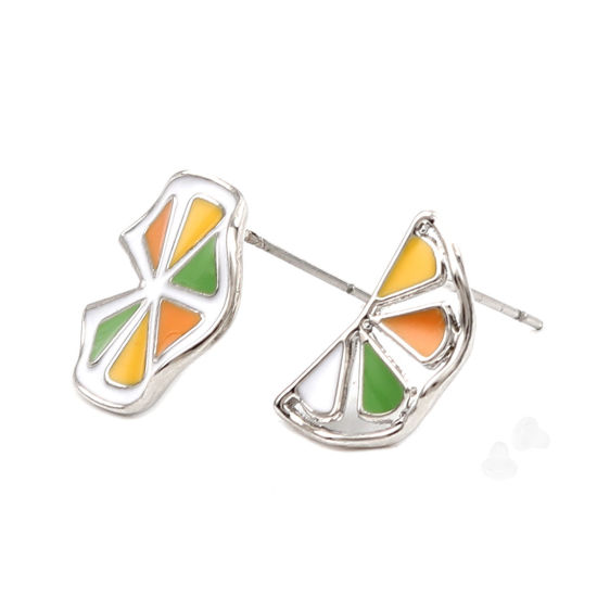 Ear Post Stud Earrings Silver Tone Multicolor Orange Enamel 16mm x 16mm 16mm x 9mm, Post/ Wire Size: (21 gauge), 1 Pair の画像