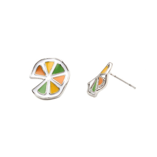 Ear Post Stud Earrings Silver Tone Multicolor Orange Enamel 16mm x 16mm 16mm x 9mm, Post/ Wire Size: (21 gauge), 1 Pair の画像