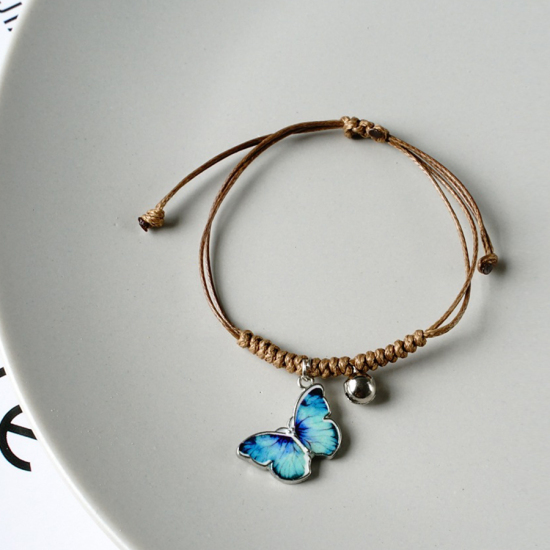 Ceramic Insect Braided Charm Bracelets Light Coffee & Blue Butterfly Animal Adjustable 20cm(7 7/8") long, 1 Piece の画像