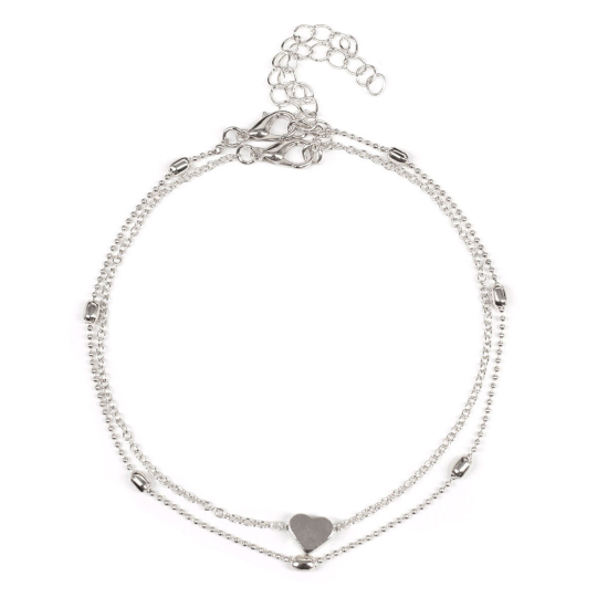 Imagen de Tobillera De Capas MúLtiples Tono de Plata Corazón 21cm longitud, 1 Juego ( 2 Unidades/Juego)