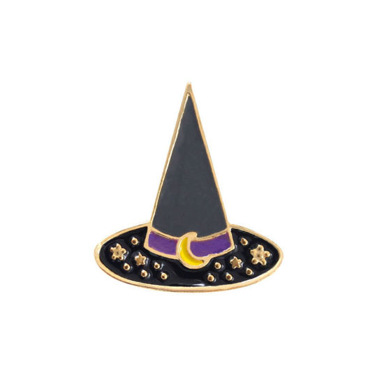 ブローチ ハロウィンウィッチハット 魔女の帽子 黒＋紫 エナメル 20mm x 18mm、 1 個 の画像