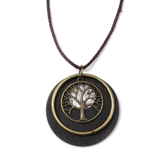 Image de Collier de Chandail en Alliage de Zinc & Bois Naturel Bronze Antique Noir Rond Arbres 84cm long, 2 Pièces