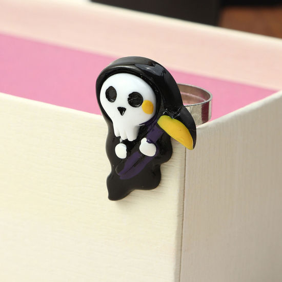 樹脂 オープン リング 指輪 ハロウィン幽霊 黒 + 白 17mm (日本サイズ約13号)、 穴： 1 個 の画像