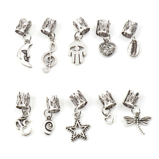Image de Perles de Cheveux Tressés Dreadlock en Alliage de Zinc Note Musicale Lune Argent Vieilli 3.6x1cm - 1.9x0.7cm, 1 Kit （ 10 Pcs/Kit)