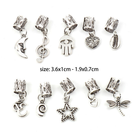 Image de Perles de Cheveux Tressés Dreadlock en Alliage de Zinc Note Musicale Lune Argent Vieilli 3.6x1cm - 1.9x0.7cm, 1 Kit （ 10 Pcs/Kit)