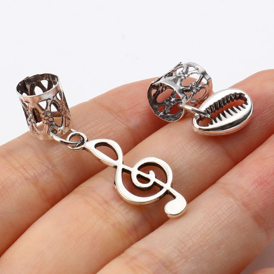 Image de Perles de Cheveux Tressés Dreadlock en Alliage de Zinc Note Musicale Lune Argent Vieilli 3.6x1cm - 1.9x0.7cm, 1 Kit （ 10 Pcs/Kit)