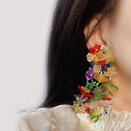 Resin & Plastic Ethnic Earrings Gold Plated Multicolor Tassel Flower 10cm x 3.5cm, 1 Pair