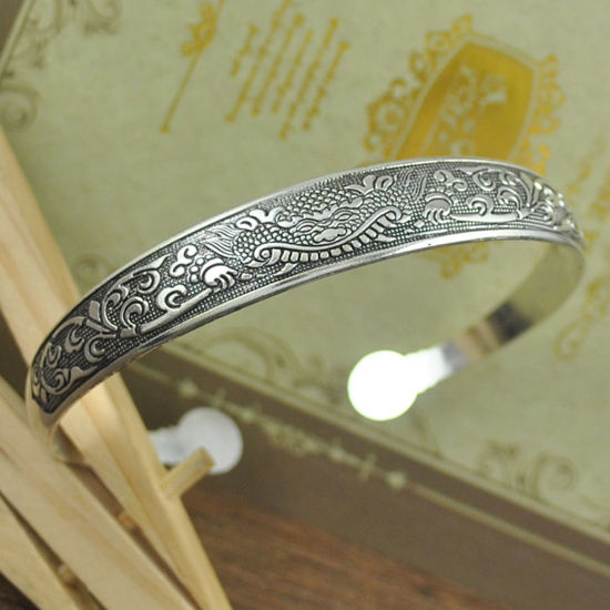 Image de Bracelet Manchette Jonc Semi-Ouvert Ethnique Kirin Argent Vieilli 1 Pièce