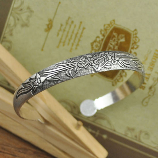 Image de Bracelet Manchette Jonc Semi-Ouvert Ethnique Argent Vieilli Orchidée 1 Pièce