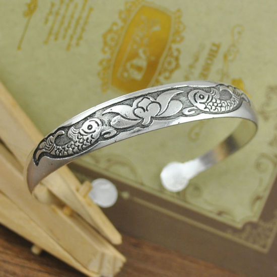 Image de Bracelet Manchette Jonc Semi-Ouvert Ethnique Fleur Argent Vieilli Poisson 1 Pièce