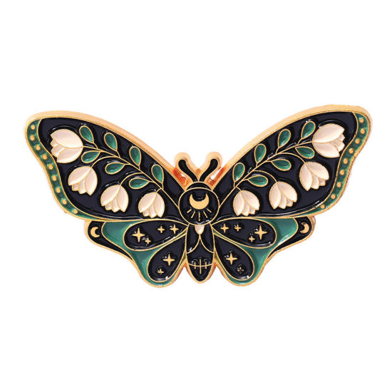 Image de Broche Epingle Insecte Papillon Fleurs Doré Noir Émail 4.3cm x 2.3cm, 1 Pièce