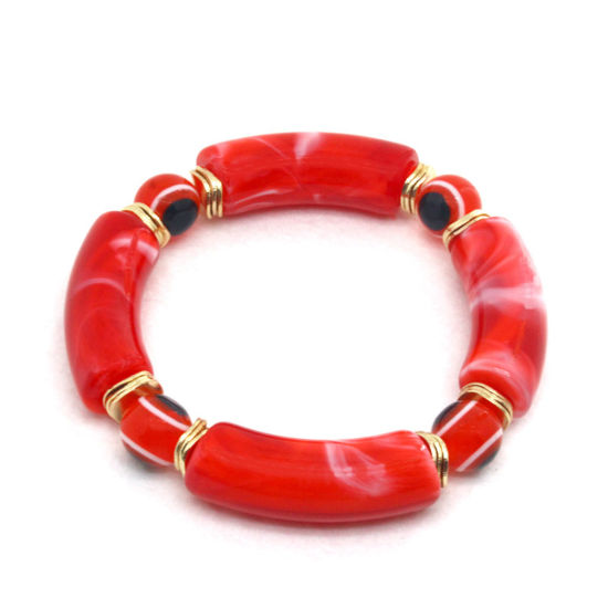 Image de Bracelets Raffinés Bracelets Délicats Bracelet de Perles Religieux en Résine Rouge Tube Courbé Œil Mauvais Elastique 7cm Dia. 1 Pièce