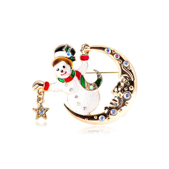 Image de Broche Epingle Noël Demi Lune Bonhomme de Neige de Noël Doré à Strass Transparent 5.1cm x 4.3cm, 1 Pièce