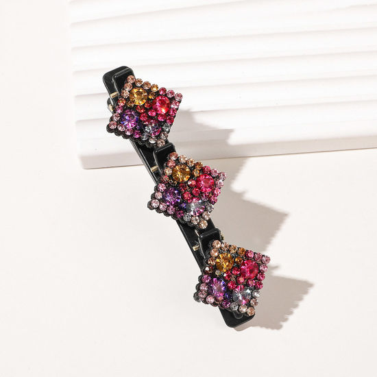 Image de Pinces à Cheveux en Résine Tressé Noir Losange à Strass Coloré 9.5cm x 3cm, 1 Pièce