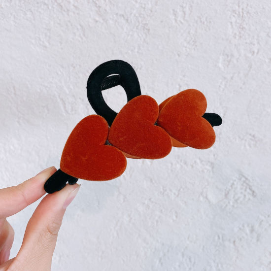 アクリル レトロ ヘアクロークリップクランプ 赤橙色 ハート フロッキー 11cmx 6cm、 1 個 の画像