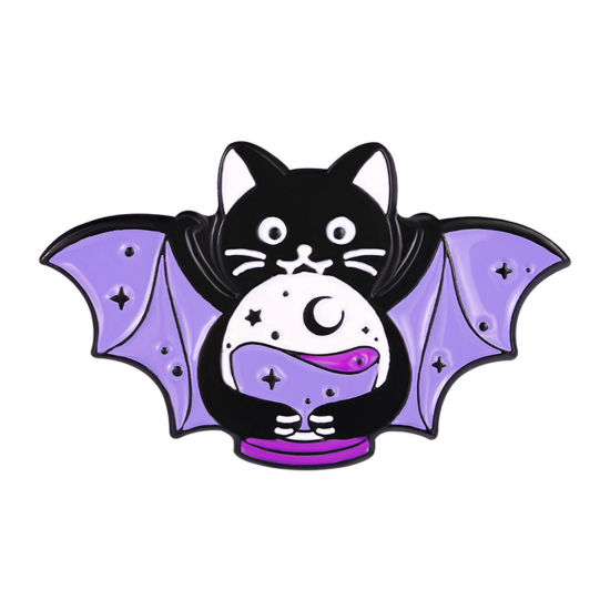 Image de Broche Epingle Mignon Chat Ailes Noir & Violet Émail 2.9cm x 1.8cm, 1 Pièce