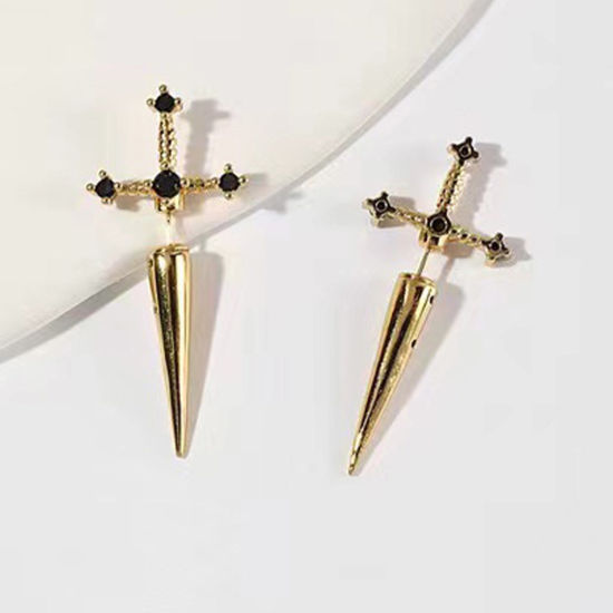 Image de 1 Paire Boucles d'Oreilles Dessous de Lobes Doré Épée à Strass Noir 4cm