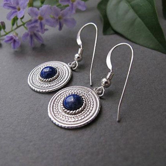 Image de Boucles d'Oreilles Élégant Argent Mat Bleu Disque Motif Sculpté Gemme Imitation 3.5cm, 1 Paire
