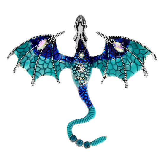おしゃれ ブローチ ドラゴン 青 エナメル 7cm x 6.1cm、 1 個 の画像