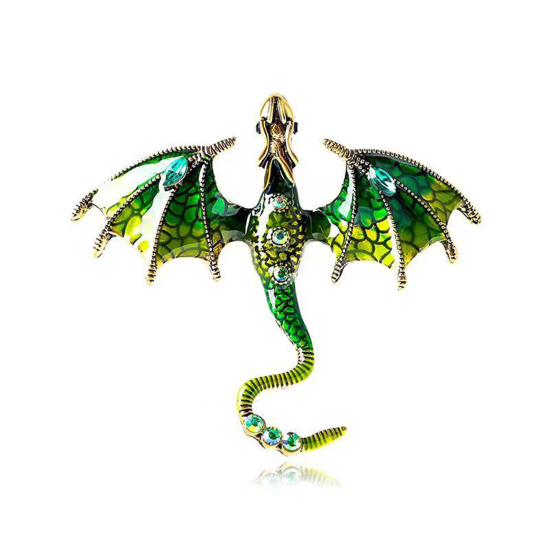 おしゃれ ブローチ ドラゴン 緑 エナメル 7cm x 6.1cm、 1 個 の画像