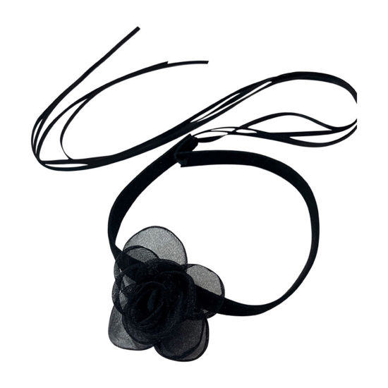 Image de Collier Ras de Cou Laçage Ruban en Gaze Style Japonais Noir Fleur 35cm long, 1 Pièce