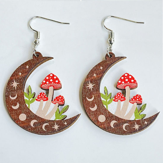 Image de Boucles d'Oreilles Corchets Jour de Pâques en Bois Naturel Argent Mat Multicolore Demi Lune Champignon 5.5cm, 1 Paire