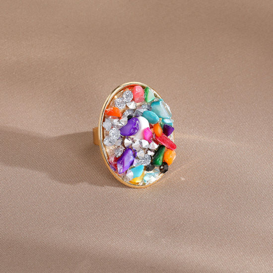 Image de 1 Pièce Bagues Style Bohème Ouvert Ajoustable Doré Multicolore Copeaux de Graviers Ovale 20mm (Taille d'US: 10.25)