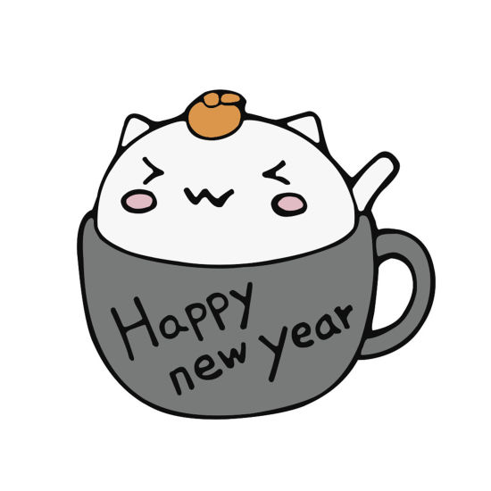 可愛い かわいい キュート ブローチ カップ 猫 文字 " Happy New Year " グレー エナメル 24mm x 21mm、 1 個 の画像