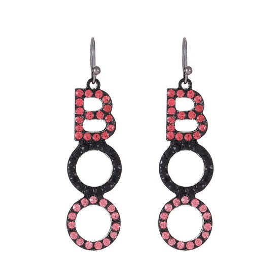 Picture of Halloween Earrings Silver Tone Pink Message " Boo " Multicolor Rhinestone 4cm, 1 Pair