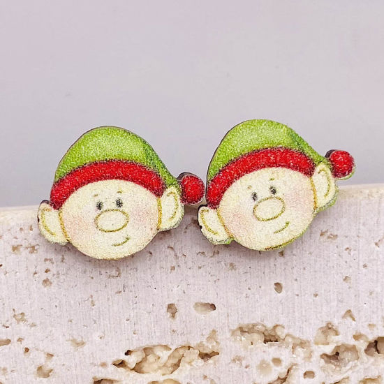 ウッド 可愛い かわいい キュート イヤリングピアス 多色 クリスマス ピエロ 1.5cm、 1 ペア の画像