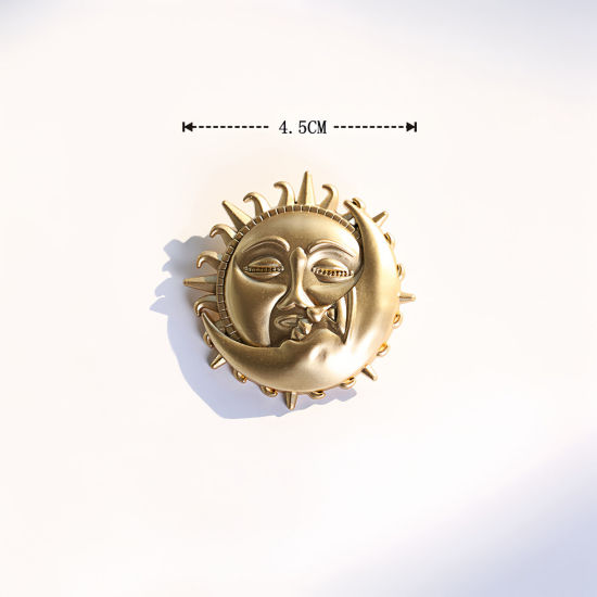 Image de 1 Pièce Broche Epingle Rétro Soleil et Lune avec Visage Or Mat 4.5cm x 4.5cm