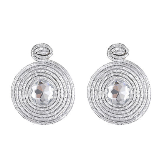 Picture of 1 Pair Retro Earrings Silver Tone Round Spiral Clear Rhinestone 6.2cm x 5cm