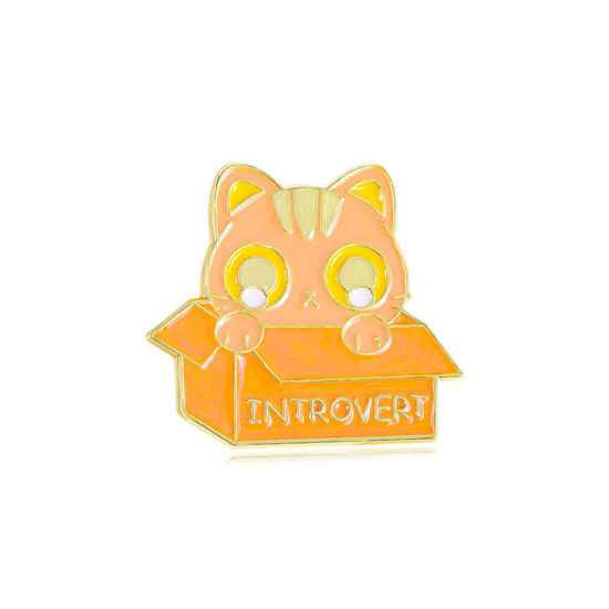 1 個 可愛い かわいい キュート ブローチ ボックス 猫 オレンジ色 エナメル 3cm x 2.5cm の画像