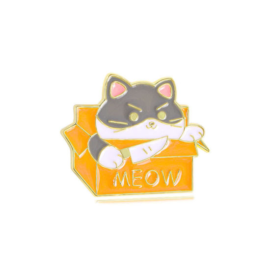 1 個 可愛い かわいい キュート ブローチ ボックス 猫 グレー+オレンジ色 エナメル 3cm x 2.3cm の画像