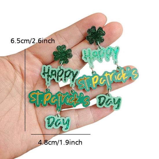 1 ペア アクリル 聖パトリックの祝日 イヤリング ピアス 緑 文字「 Happy Valentine's Day 」6.5cm の画像