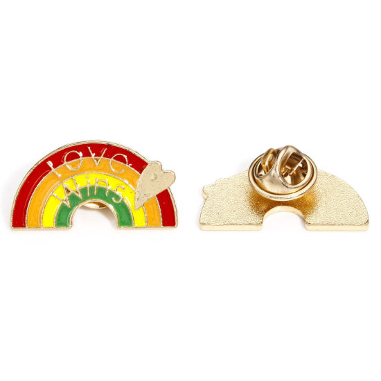 Image de 5 Pcs Broche Epingle en Alliage de Zinc Arc-en-ciel Arc-en-ciel Message " Love Wins " Doré Multicolore Émail 27mm x 14.5mm