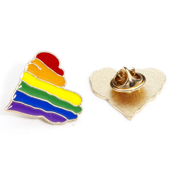 Image de 5 Pcs Broche Epingle en Alliage de Zinc Arc-en-ciel Cœur Doré Multicolore Émail 24mm x 24mm
