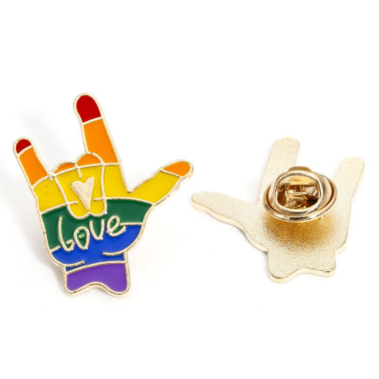 Image de 5 Pcs Broche Epingle en Alliage de Zinc Arc-en-ciel Je T'aime Geste de la Main Doré Multicolore Émail 3.2cm x 2.8cm