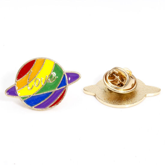 Image de 5 Pcs Broche Epingle en Alliage de Zinc Arc-en-ciel Planète Message " LOVE " Doré Multicolore Émail 25mm x 17mm