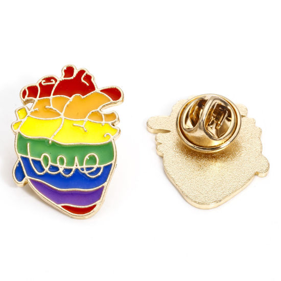 Image de 5 Pcs Broche Epingle en Alliage de Zinc Arc-en-ciel Cœur Message " LOVE " Doré Multicolore Émail 28mm x 20mm