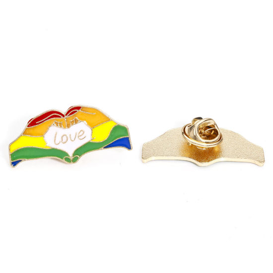 Image de 5 Pcs Broche Epingle en Alliage de Zinc Arc-en-ciel Geste de Cœur Doré Multicolore Émail 3.2cm x 1.5cm