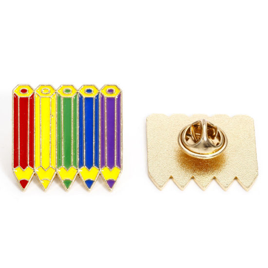 Image de 5 Pcs Broche Epingle en Alliage de Zinc Arc-en-ciel Crayon Doré Multicolore Émail 25mm x 24mm