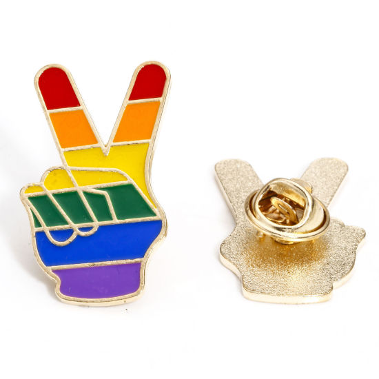 Image de 5 Pcs Broche Epingle en Alliage de Zinc Arc-en-ciel V Geste Signe de Victoire Doré Multicolore Émail 3.3cm x 1.9cm