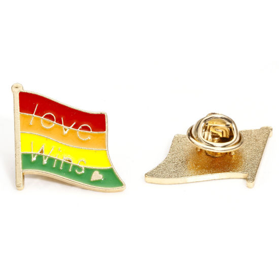 Image de 5 Pcs Broche Epingle en Alliage de Zinc Arc-en-ciel Drapeau Message " Love Wins " Doré Multicolore Émail 23mm x 22mm